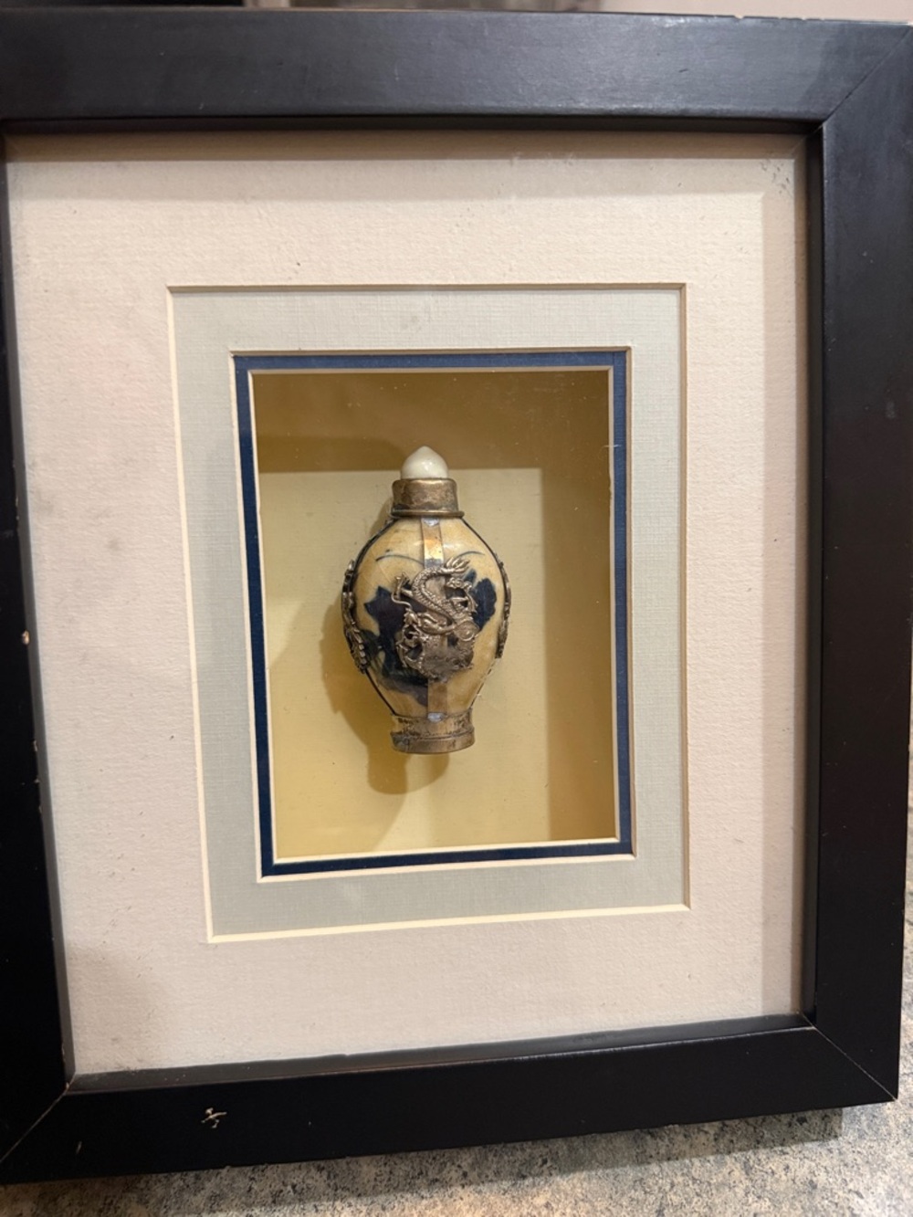 Framed Decorative Ceramic Snuff with silver Dragons Bottle Art - Cream and Blue